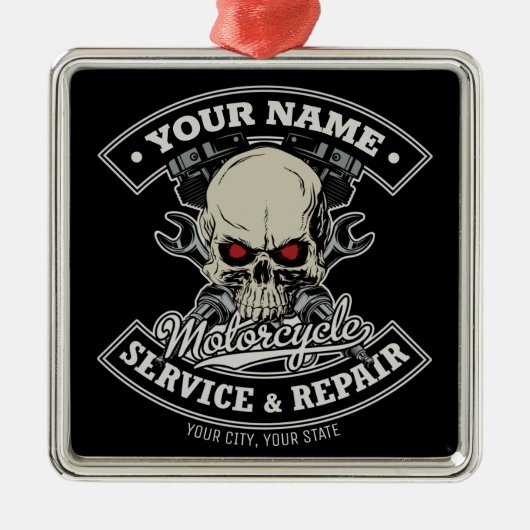 名前をカスタムするバイクもしくは自転車に乗る人整備士スカルオートバイガレージ メタルオーナメント (正面)
