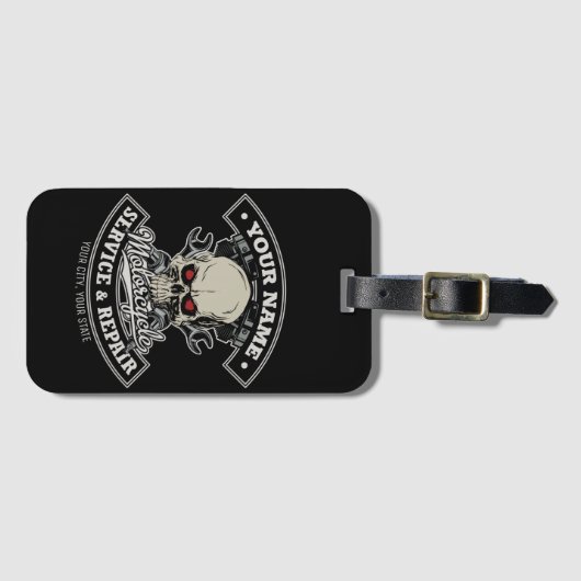 名前をカスタムするバイクもしくは自転車に乗る人整備士スカルオートバイガレージ ラゲッジタグ (正面横)