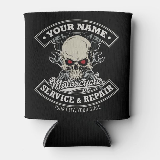 名前をカスタムするバイクもしくは自転車に乗る人整備士スカルオートバイガレージ 缶クーラー (正面)