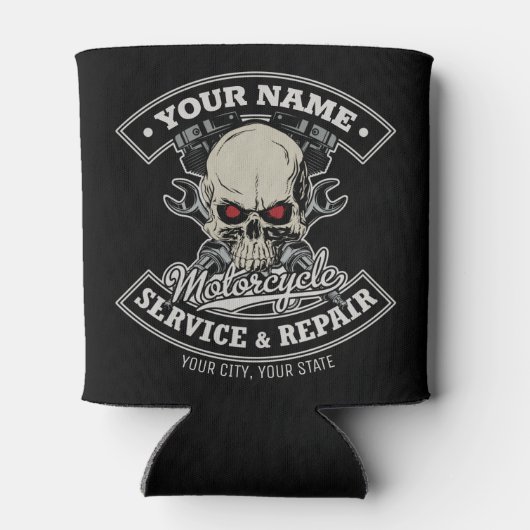 名前をカスタムするバイクもしくは自転車に乗る人整備士スカルオートバイガレージ 缶クーラー (裏面)