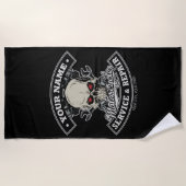 名前をカスタムするバイクもしくは自転車に乗る人整備士スカル自動二輪車車庫 ビーチタオル (正面)