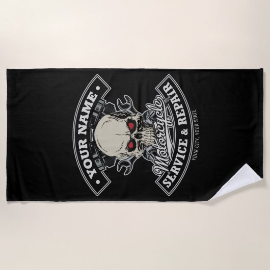 名前をカスタムするバイクもしくは自転車に乗る人整備士スカル自動二輪車車庫 ビーチタオル (正面)