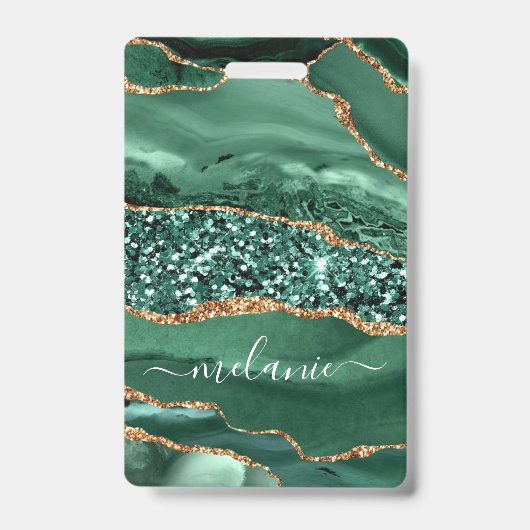 名前をカスタムするバッジアガテグリーン金ゴールドグリッター大理石 バッジ (正面)