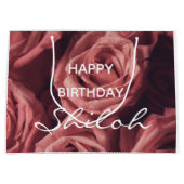 名前をカスタムするバラハッピーバースデー女性女子フローラ ラージペーパーバッグ (正面)