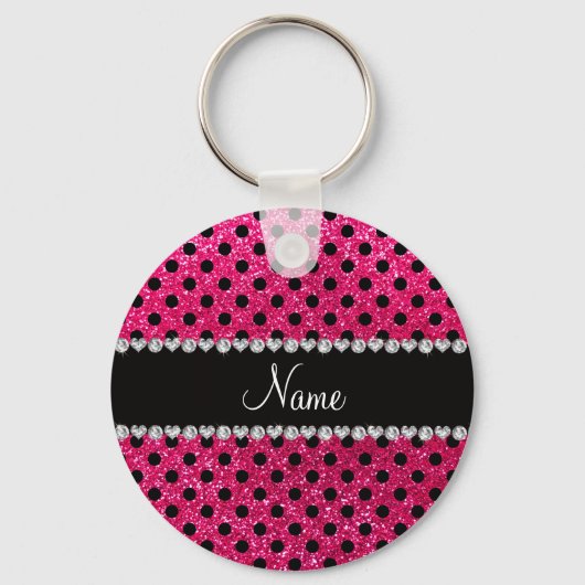 名前をカスタムするバラピンクグリッターブラック水玉模様 キーホルダー (正面)