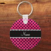 名前をカスタムするバラピンクグリッターブラック水玉模様 キーホルダー (正面)