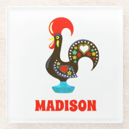 名前をカスタムするバルセロスポルトガルのルースターブラック ガラスコースター