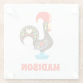 名前をカスタムするバルセロスポルトガルのルースターブラック ガラスコースター (裏面)