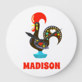 名前をカスタムするバルセロスポルトガルのルースターブラック ラージ壁時計 (正面)