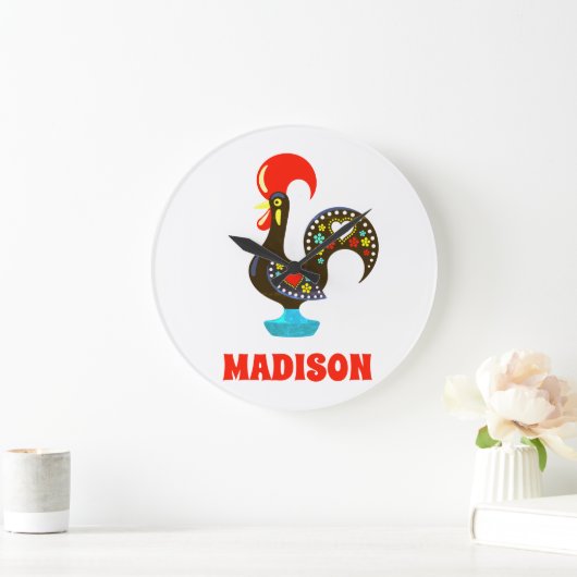 名前をカスタムするバルセロスポルトガルのルースターブラック ラージ壁時計 (ホーム)