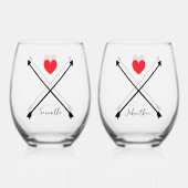 名前をカスタムするバレンタインデー赤いハート&矢印 ステムなしワイングラス (裏面)