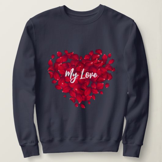 名前をカスタムするバレンタインハート型バラネイビーブルー スウェットシャツ (デザイン正面)