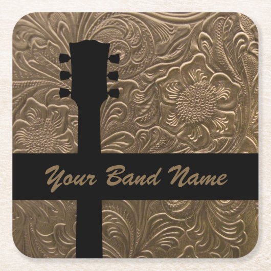 名前をカスタムするバンドギターロックカントリーミュージックウェスタン スクエアペーパーコースター (正面)