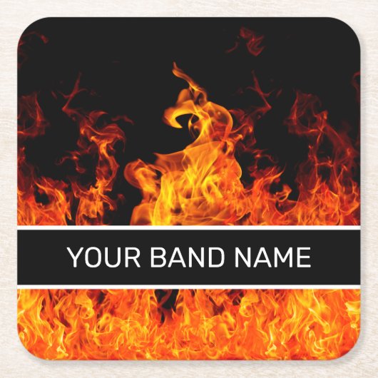 名前をカスタムするバンドマーチフレイムロック&ミュ転がージック スクエアペーパーコースター (正面)