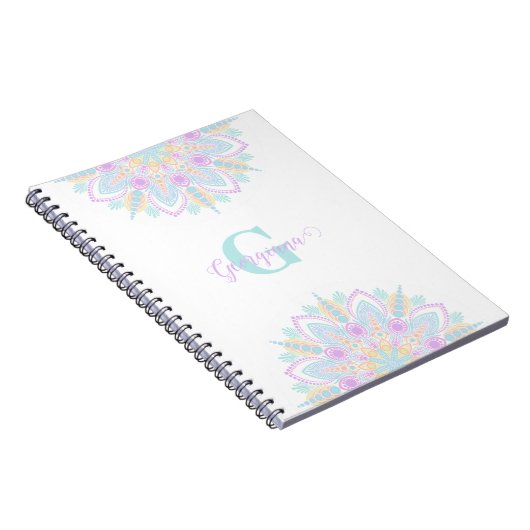 名前をカスタムするパステルレインボーフローラサンデマンダラ ノートブック (右側)