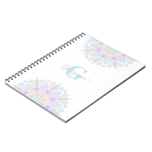 名前をカスタムするパステルレインボーフローラサンデマンダラ ノートブック (左側)