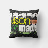 名前をカスタムするパターンの黒とグレーのストライプ クッション (裏面)