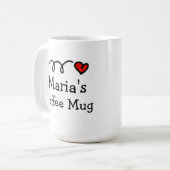 名前をカスタムするパーソナライズされたとハート コーヒーマグカップ (正面左)