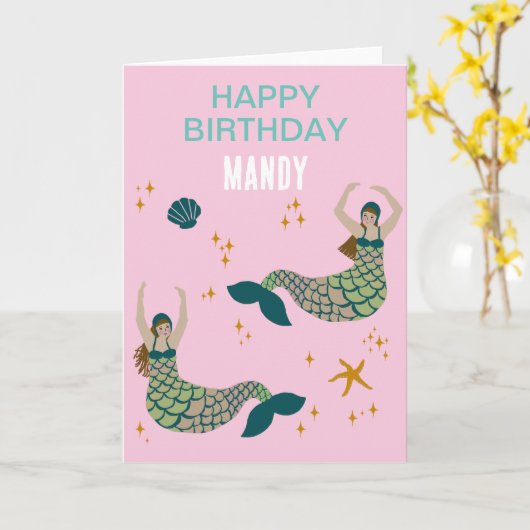 名前をカスタムするパーソナライズされたマーメイドサイレン誕生日 カード (黄色い花)