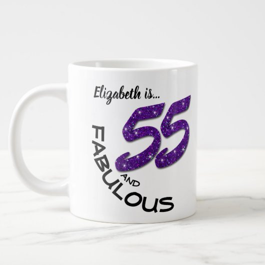 名前をカスタムするパープルグリッター55歳誕生日 ジャンボコーヒーマグカップ (左)