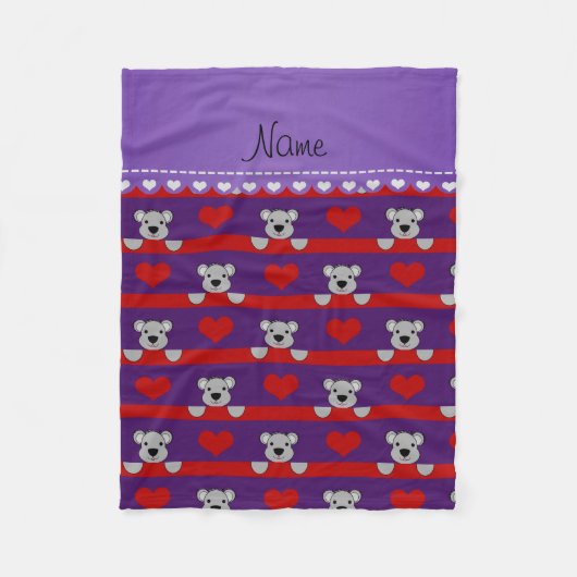 名前をカスタムするパープルコアラス赤いハートストライプズ フリースブランケット (正面)