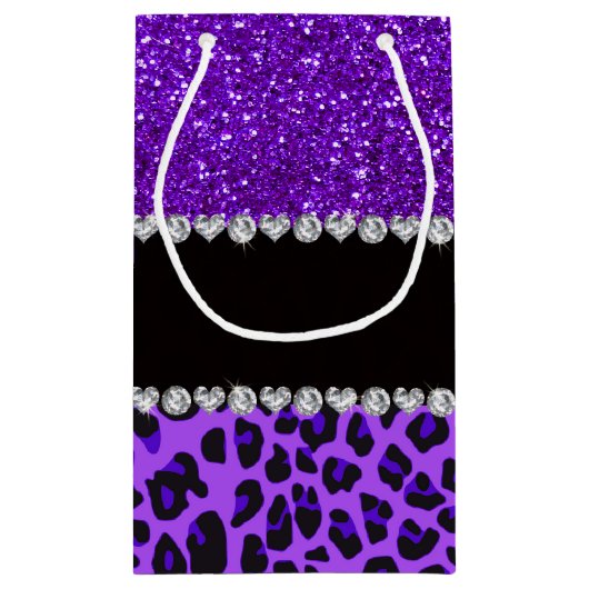 名前をカスタムするパープルヒョウインジゴパープルグリッター スモールペーパーバッグ (裏面)