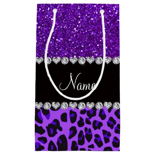 名前をカスタムするパープルヒョウインジゴパープルグリッター スモールペーパーバッグ (正面)