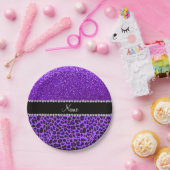 名前をカスタムするパープルヒョウインジゴパープルグリッター ペーパープレート (パーティー)