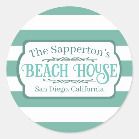 名前をカスタムするビーチハウスティール(緑がかった色)ストライプズ ラウンドシール (正面)