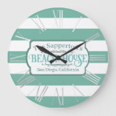 名前をカスタムするビーチハウスティール(緑がかった色)ストライプズ ラージ壁時計 (正面)