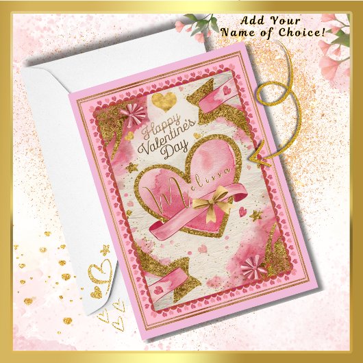 名前をカスタムするピかわいらしンク金ゴールドハートバレンティンデー カード