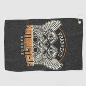 名前をカスタムするピスタンスウィングズオートバイバイクもしくは自転車に乗る人ガレージ ゴルフタオル (横)