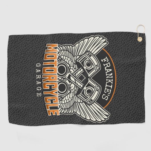 名前をカスタムするピスタンスウィングズオートバイバイクもしくは自転車に乗る人ガレージ ゴルフタオル (横)