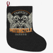 名前をカスタムするピスタンスウィングズオートバイバイクもしくは自転車に乗る人ガレージ ラージクリスマスストッキング (正面)