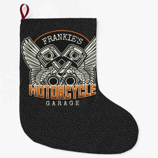 名前をカスタムするピスタンスウィングズオートバイバイクもしくは自転車に乗る人ガレージ ラージクリスマスストッキング (正面)