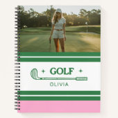名前をカスタムするピンクとグリーンのゴルフラバーフォト ノートブック (正面)