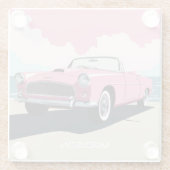 名前をカスタムするピンククラシックの車 ガラスコースター (裏面)