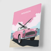 名前をカスタムするピンククラシックの車 スクエア壁時計 (傾斜)