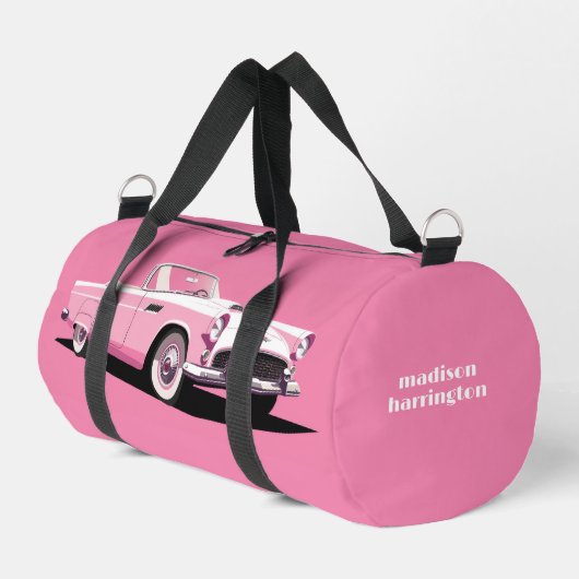 名前をカスタムするピンククラシックの車 ダッフルバッグ (左コーナー)