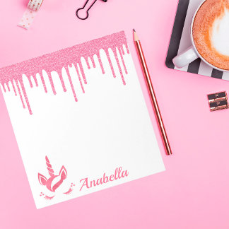 名前をカスタムするピンクグリッタードリップススターズユニコーン顔 ノートパッド