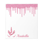 名前をカスタムするピンクグリッタードリップススターズユニコーン顔 ノートパッド (正面)