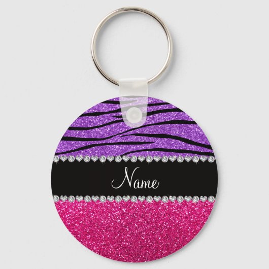 名前をカスタムするピンクグリッターパステルパープルゼブラストリップ キーホルダー (正面)