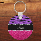 名前をカスタムするピンクグリッターパステルパープルゼブラストリップ キーホルダー (正面)