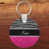 名前をカスタムするピンクグリッターライトグレー縞模様 キーホルダー (正面)