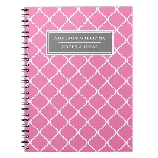 名前をカスタムするピンクグレー格子パターン ノートブック (正面)