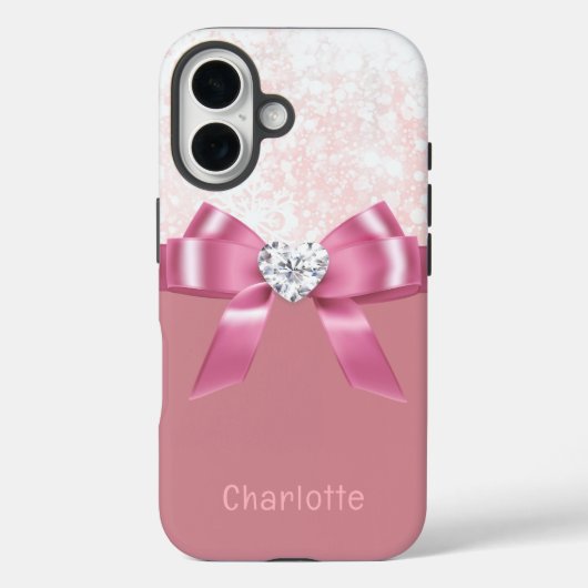 名前をカスタムするピンクスノーフレークリボンiPhone 16ケース Case-Mate iPhoneケース (裏面)
