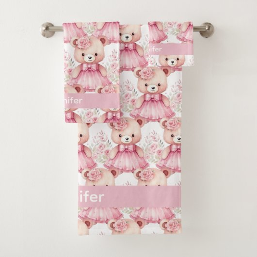 名前をカスタムするピンクテディベアガールズバスタオルセット バスタオルセット (インサイチュ)