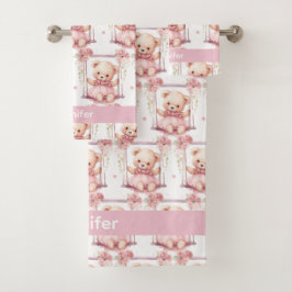 名前をカスタムするピンクテディベアガールズバスタオルセット バスタオルセット