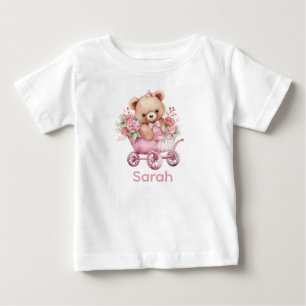 名前をカスタムするピンクテディベアベビーシャツ ベビーTシャツ