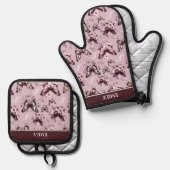 名前をカスタムするピンクバタフライパターン 鍋つかみ&鍋敷きセット (正面/裏面)